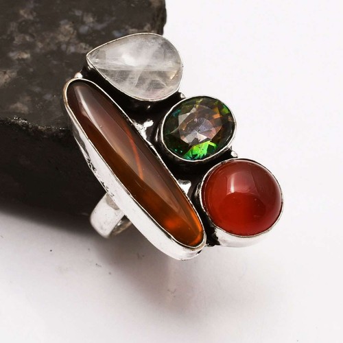 CarnelianRainbow Moonstone Handmade Memorial Day Ring Jewelry US Size-9 AR 44428