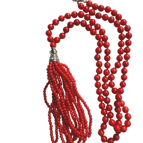 LUC LUCAS LAMETH Coral Bead Mala Tassel Necklace 925 Sterling Silver Knotted