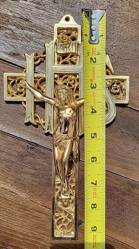 Vintage Crucifix IHS Cross Jesus Ornate Filigree Brass Wall Hanging - Picture 3 of 10