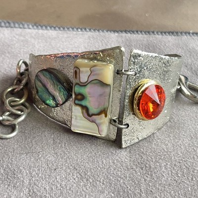 VTG Brutalist Signed J. Jansen Mixed Metals Crystal Abalone Bracelet