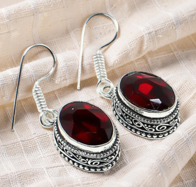 Mozambique Garnet Gemstone 925 Sterling Silver Handmade Jewelry Earrings 1.60''