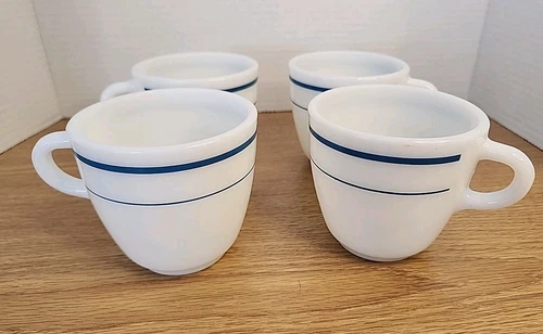 Set of 4 Anchor Hocking-Fire King Teal Blue Stripe Milk Glass Coffee Mugs #910
