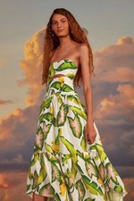 Farm Rio Womens Summer Foliage Strapless Midi Dress Small Off-White - NWT $248