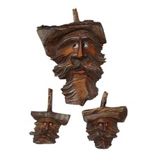 Vtg Carved Painted Wood Wall Art Old Man Sculptures Folk Wizard Lot Of 3