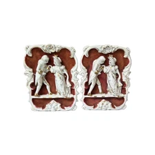 Vintage Romantic Lovers Rococo Porcelain Plaques Pair Gilded Regencycore Decor