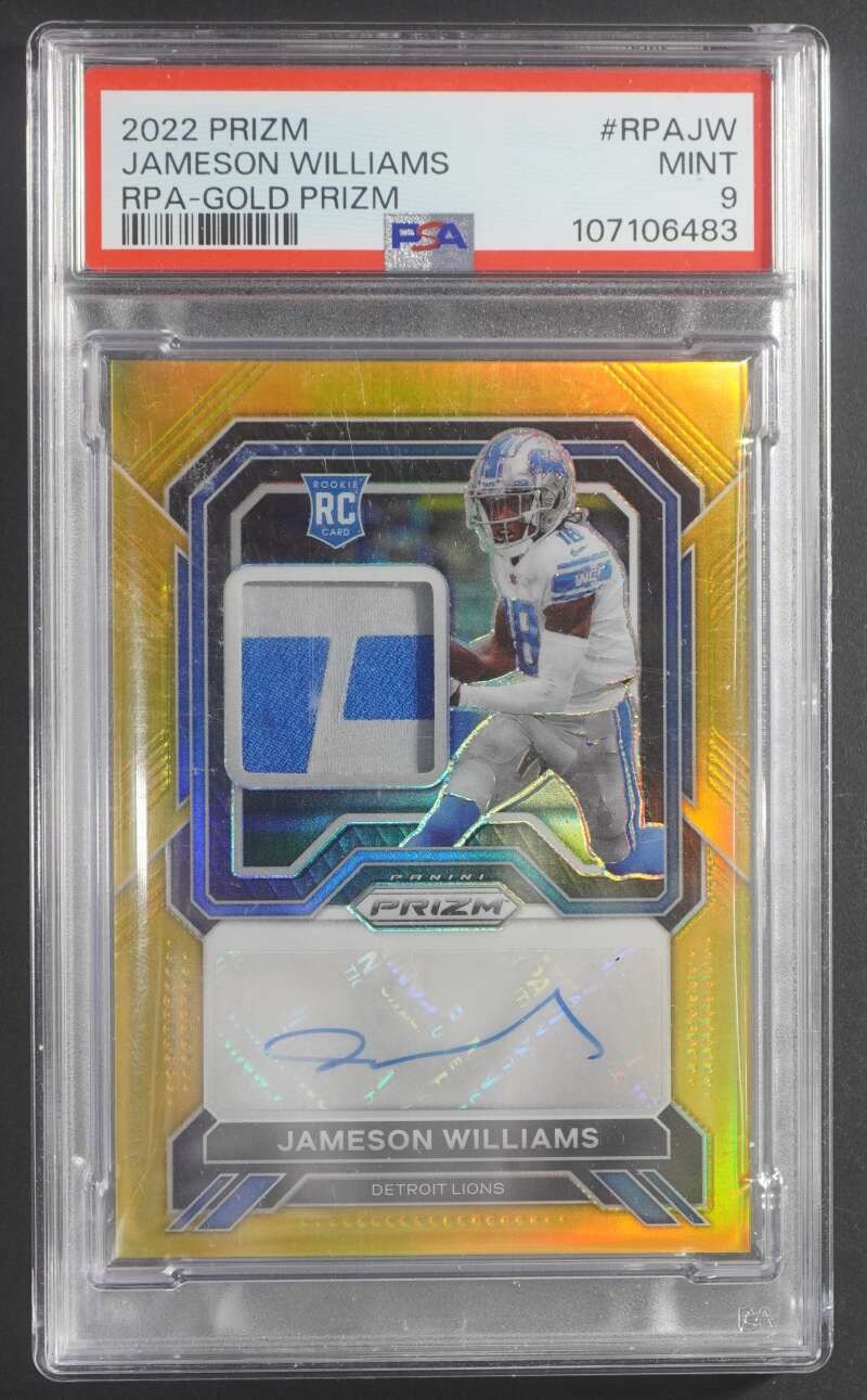 2022 Panini Prizm Jameson Williams Rookie Patch Auto Gold /10 PSA 9 DA1471