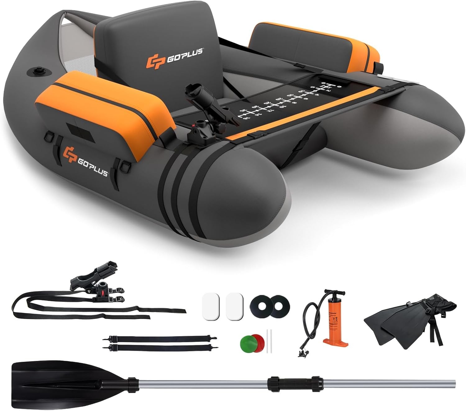 Goplus Inflatable Float Tube, Fishing Belly Boat with Fish Ruler, Pump, Storage