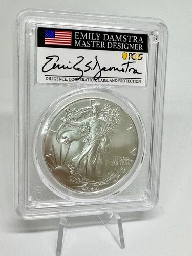 2024 (P) SILVER EAGLE PCGS MS70 STAR PRIVY EMILY DAMSTRA HAND SIGNED FLAG LABEL