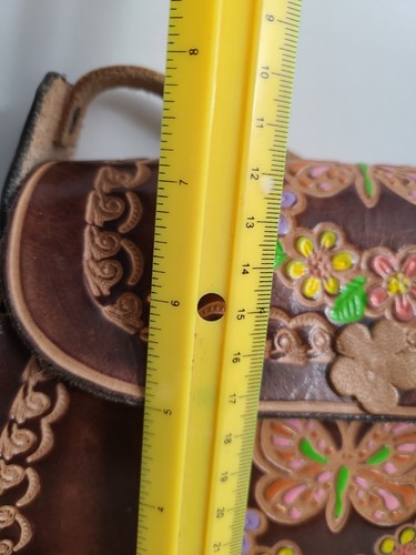 Vintage handbesetzte Leder Umhängetasche Handtasche 70er Jahre handbemalt Schmetterling Klappe - Bild 4 von 8