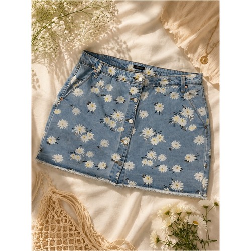 wild fable Blue Daisy Print Button-Front Mini Skirt