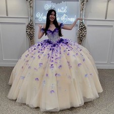 Princess Quinceanera Dresses 3D Butterflies Off Shouler Sweet 16 Party Ball Gown