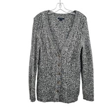 Tommy Hilfiger Womens Knit Cardigan V-Neck Button Up Gray/White Medium