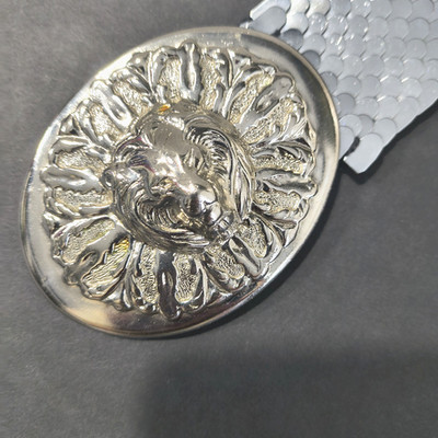Vintage 80s Silver Fish Scale Mesh Stretch Belt Ornate Lion Head Buckle