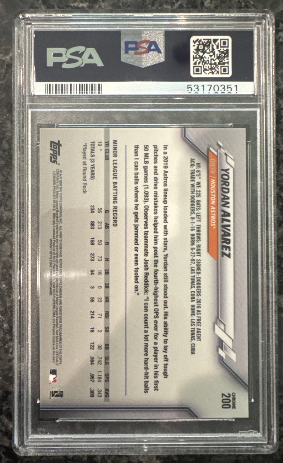 YORDAN ALVAREZ 2020 Topps Chrome BEN BALLER RC PSA 10 GEM MINT view 4