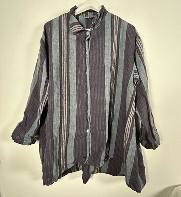 Bryn Walker Womens Striped Button-Down Linen Tunic Shirt Medium Purple Lagenlook