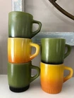 Vintage Fire King Milk Glass Coffee Mug Set 5 Avocado Green Gold 70's Excellent