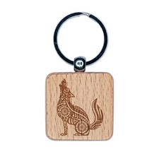 Folk Art Wolf Engraved Wood Square Keychain Tag Charm