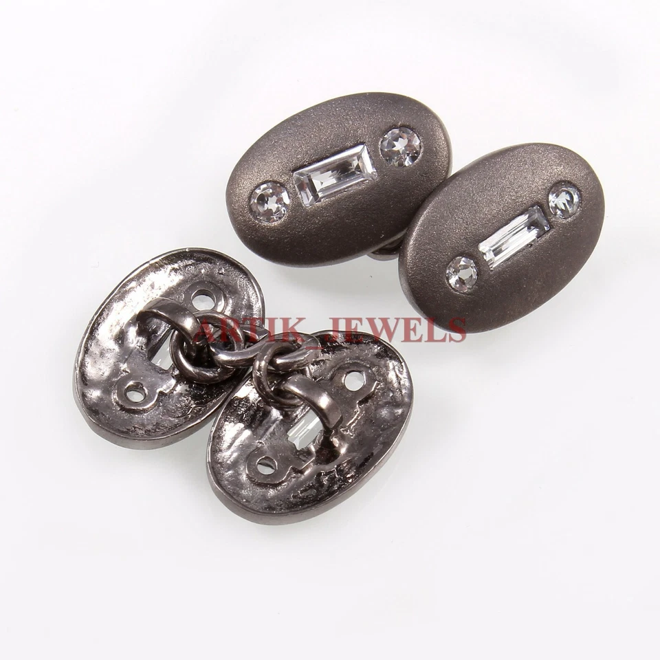 Gemelos de plata de ley 925 rodio negro piedras preciosas de topacio blanco natural #2657 Foto 3 de 4