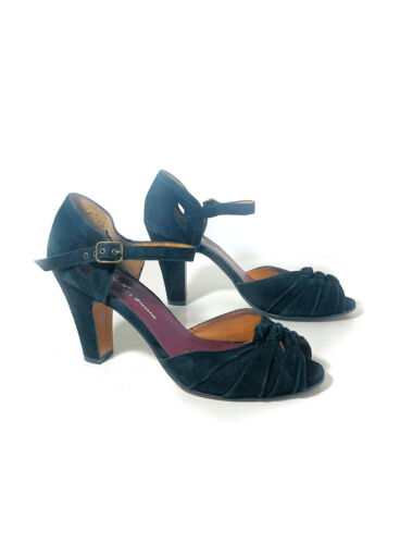 Re-Mix Vintage Shoes Black Suede Heels Size 6.5 Charleston Peeptoe Pumps - Picture 3 of 10