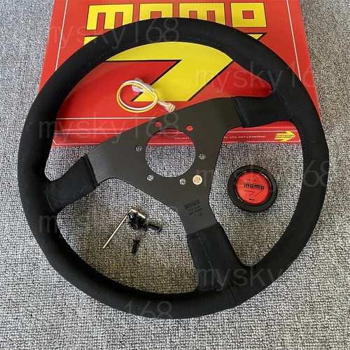 MOMO Monte Carlo 340mm 14' Suede Leather black Spoke Red Horn Steering Wheel - Picture 3 of 7