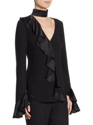 Cinq À Sept Women's Sz XXS  Mariah Black Ruffle Blouse Bell Sleeves Collar NWT