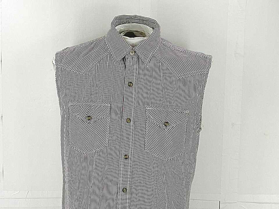 American Eagle Shirt Mens M [ 42in Chest 30L] Blue White Stripe Snaps Sleeveless - Image 2 of 4