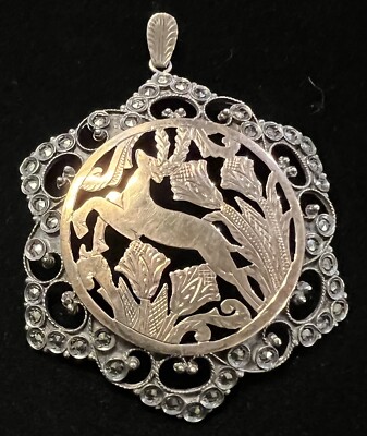 Art Deco 900 Silver Gold Overlay Marcasite Reindeer Thistle Scene 2  Pendant-549
