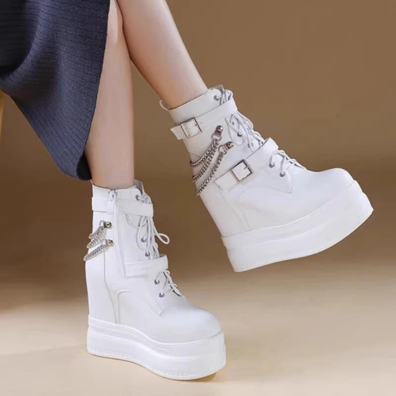 Tacones de cuña altos de 15 cm con plataforma para mujer Botines Hebilla Cadenas Cremallera lateral Con cordones Foto 2 de 4