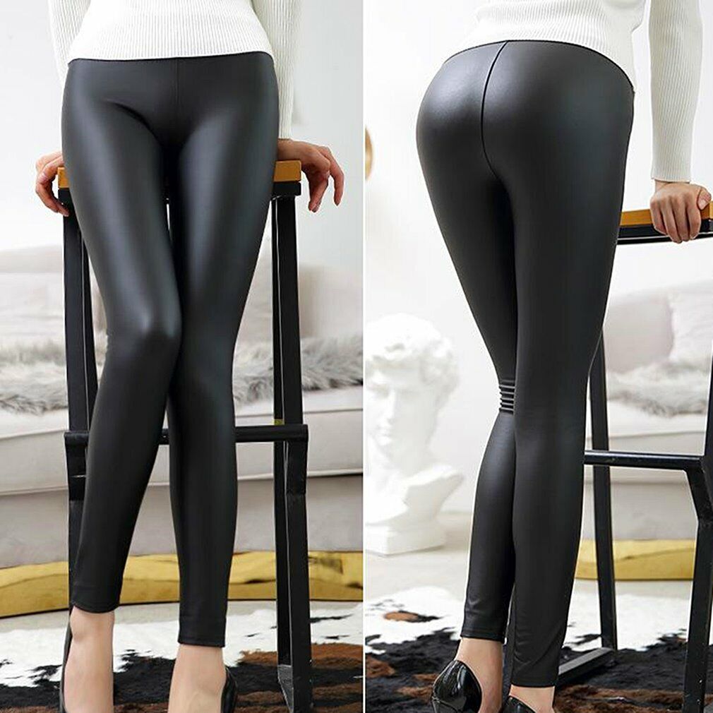 Sexy Leder Optik Leggings Stretch Damen Hose Schwarz Wetlook Leggins XS S M  L XL | eBay