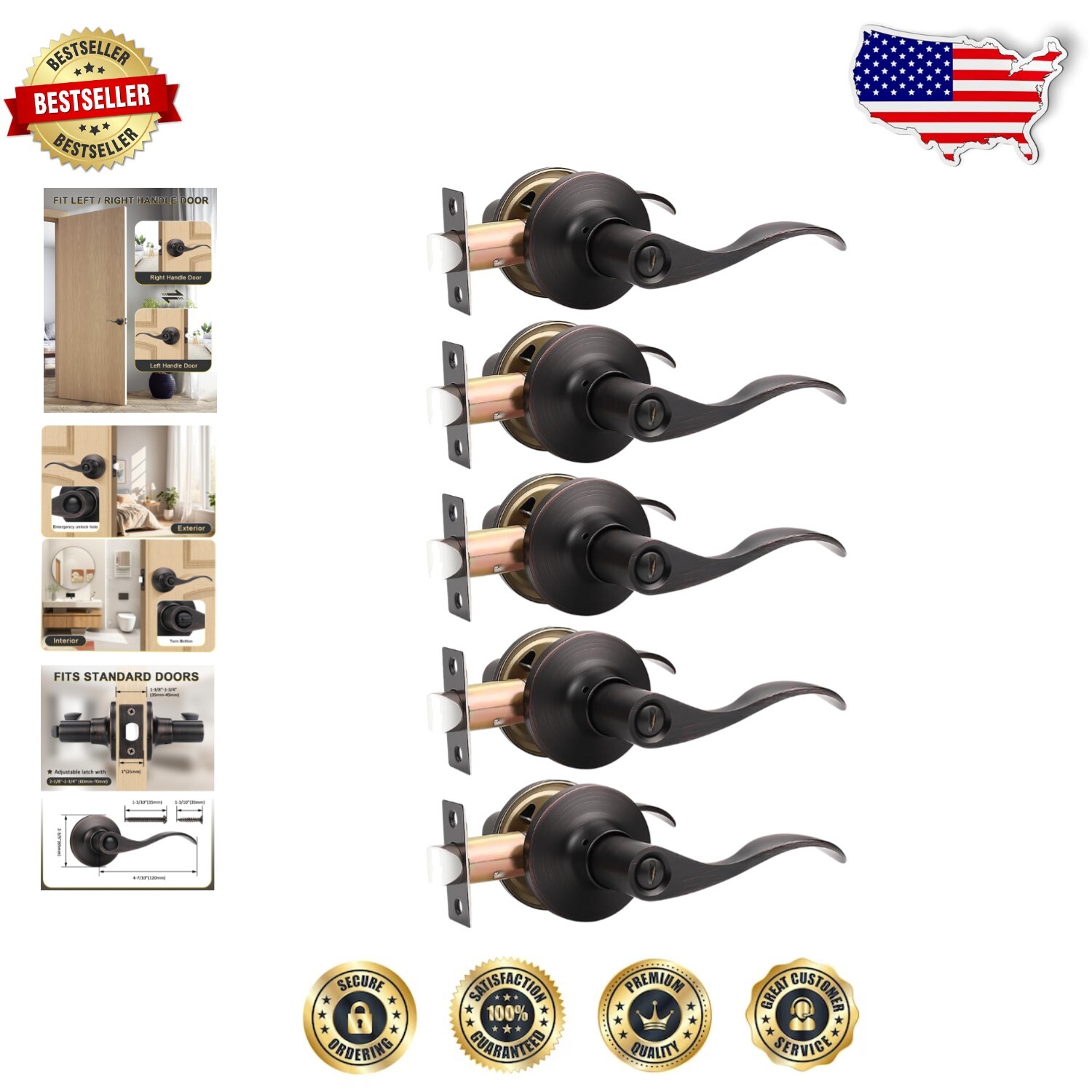 Durable 5-Pack Oil Rubbed Bronze Privacy Door Levers for Easy DIY Installation-image
