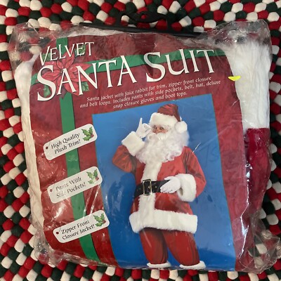 Fun World Santa Claus Velvet Christmas Costume Men's Sz 40-48 W Beard Wig Gloves
