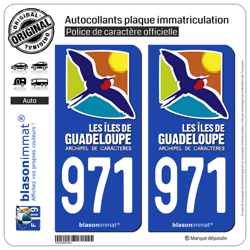2 Stickers autocollant plaque immatriculation 971 Guadeloupe - Tourisme - Zdjęcie 1 z 9