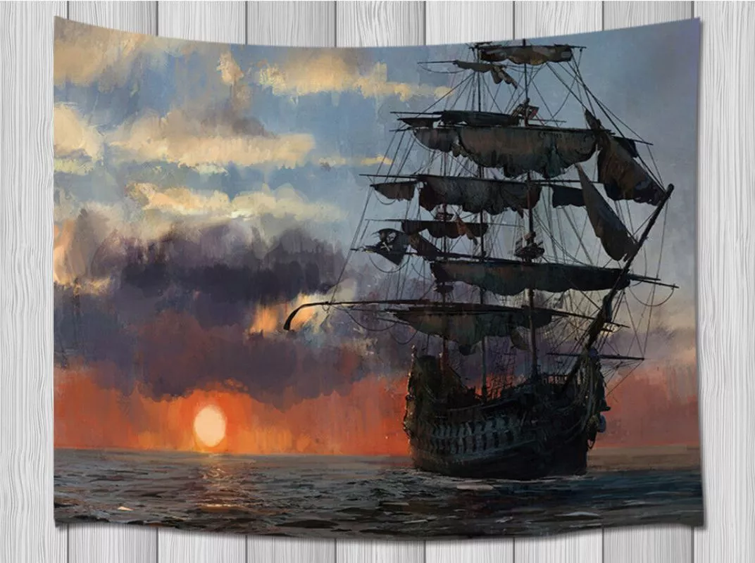 Medieval Pirate Ship Tapestry Wall Hanging Large Ocean Black