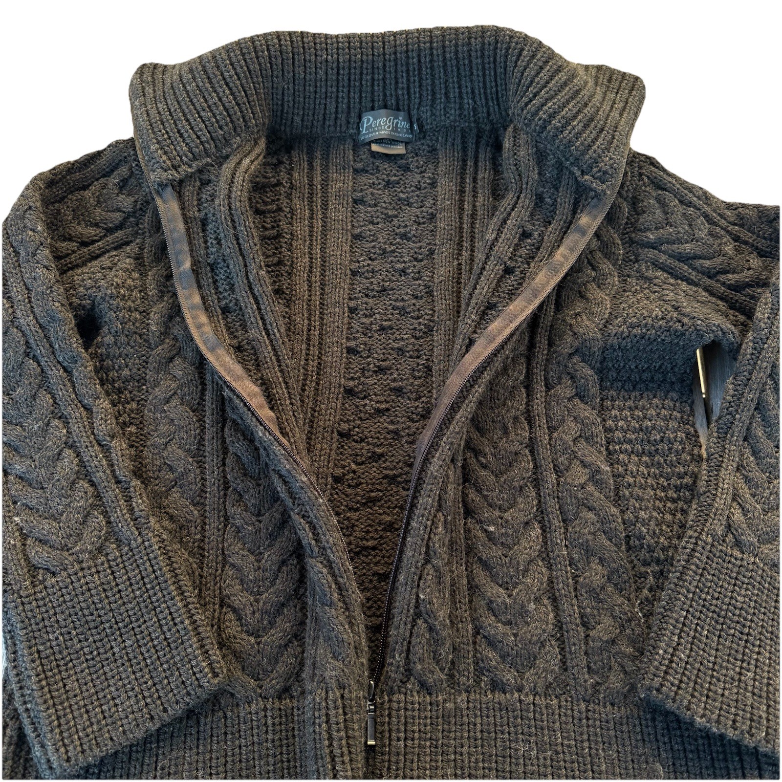 Peregrine Med Wool Collar Chunky Cable Knit Fisherman Cardigan Sweater Zip Black