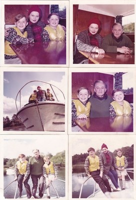 Sieben Vintage Farbschnappschüsse Familie Segeln auf Boot Jungen Kinder