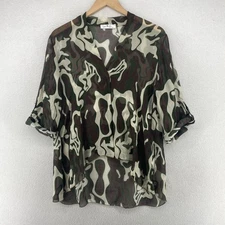 GIGI MODA Blouse L Sheer Silk Chiffon Tunic Camo Roll Tab Sleeve Green Italy