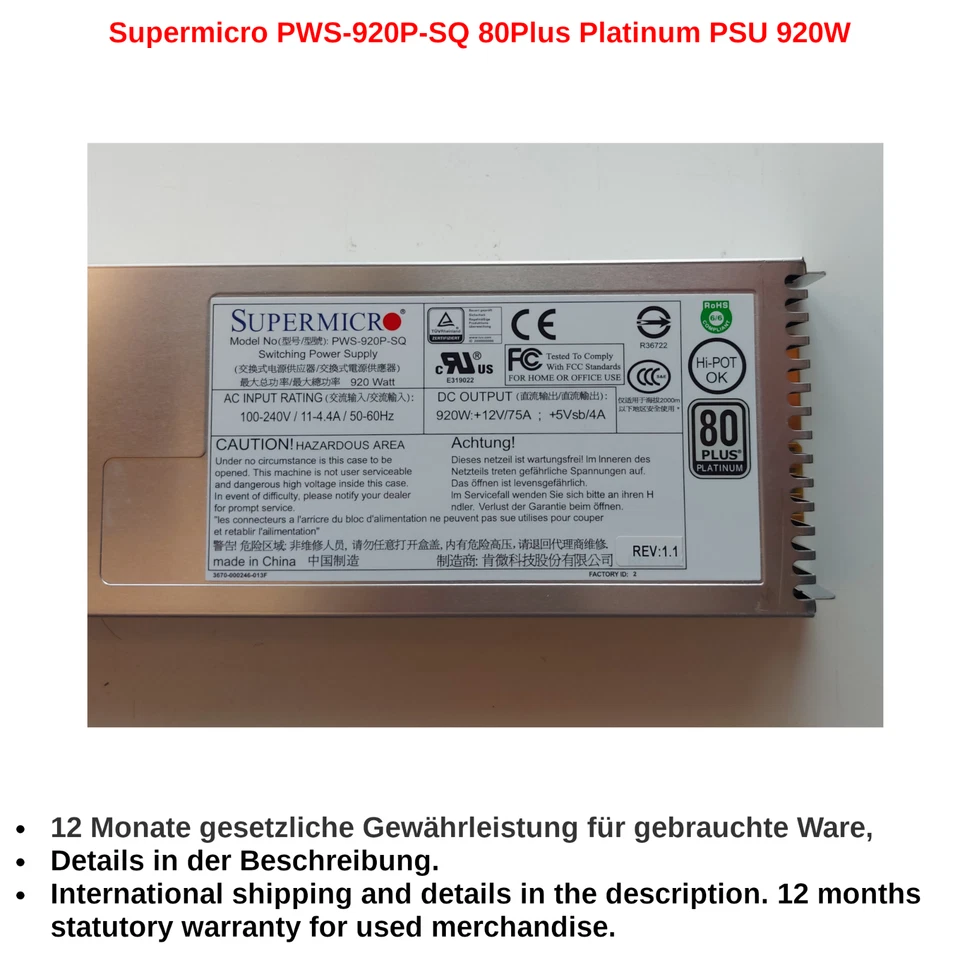 Supermicro PWS-920P-SQ 80Plus Platinum PSU 920W - Bild 3 von 4