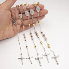 Diamond-Cut Cross Rosary Crucifix Necklace 14K Tri-Color Gold-Plated Silver 925