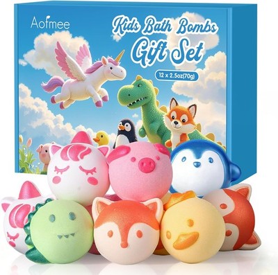 Aofmee Kids Bath Bombs 12 Pack Animal Shapes Organic Spa Gift Set Fruity Scent