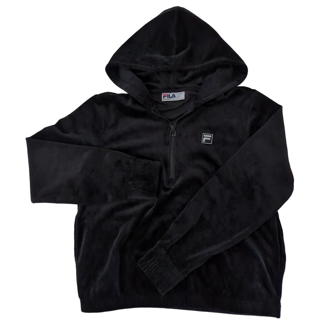 Felpa con cappuccio FILA nera velluto quarto zip raccolta polsi e vita donna taglia S