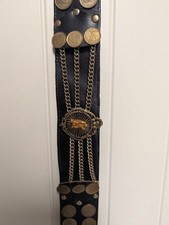 VINTAGE APHOLOS ARGENTINA 70 COIN LEATHER BELT WITH JESUS GUITAR CENTER PIECE