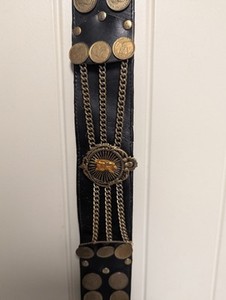 VINTAGE APHOLOS ARGENTINA 70 COIN LEATHER BELT WITH JESUS GUITAR CENTER PIECE