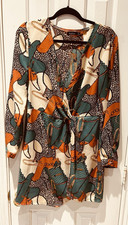 boohoo Womens 10 Green Orange Animal Print Wrap Mini Dress Tie V-Neck Long Slv