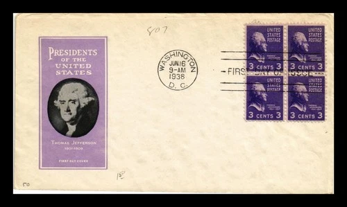 DR JIM STAMPS US COVER JEFFERSON PRESIDENTIAL FDC SCOTT 807 BLOCK IOOR CACHET