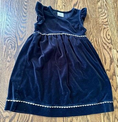 Hanna Andersson Girls Black Velour Dress Sz 120 (6-7) Gold Trim Flutter Sleeves
