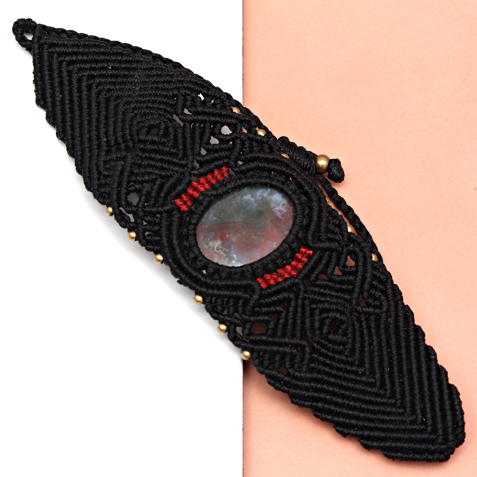 Bloodstone Macrame Bracelet with Adjustable Hemp Pendant Beaded Jewelry-image