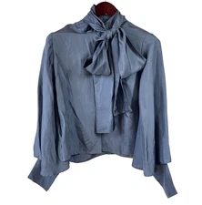 NWT Anthropologie Mille 100% Silk Blouse Womens S Gray Neck Bow Drapped Sleeves