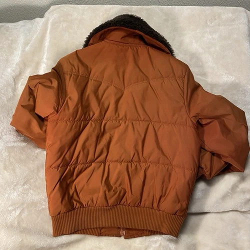 JCPenney Western Puffer Jacket Faux Fur Collar Rust Men size M Retro Bomber 70s image 12