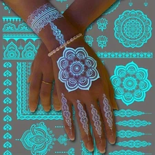 Blue Luminous Henna Tattoo Sticker Girls Tribal White Lace Lotus Tattoos Mandala