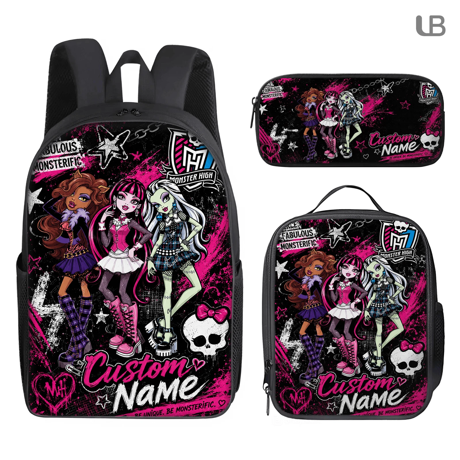 Monster High 3PCS School Backpack Set Personalized Custom Name for Kids